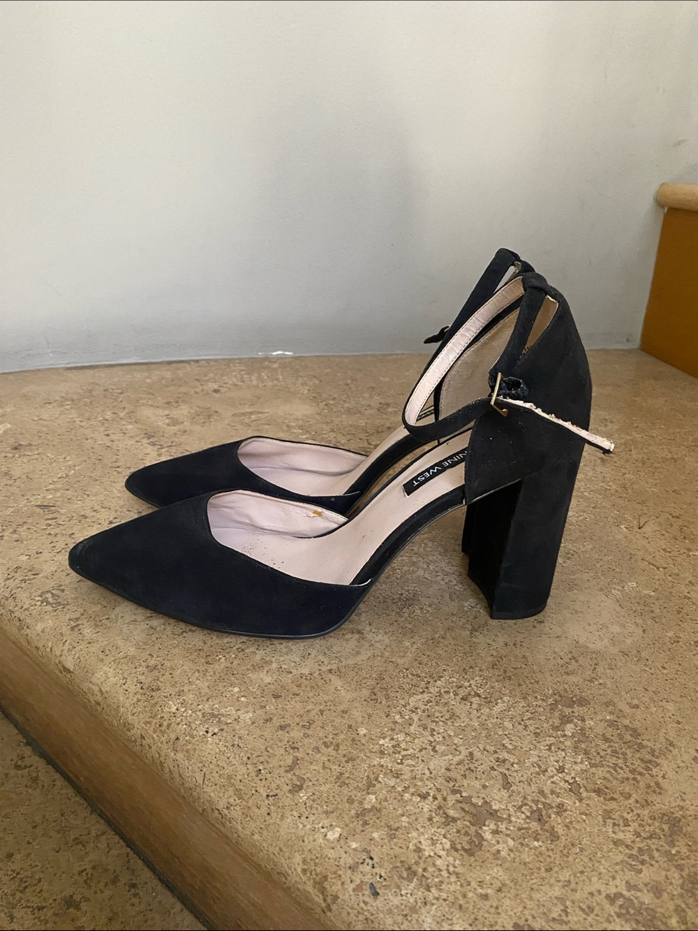 None West Black Suede Pointed-Toe Block Heel Pumps with Ankle Strap